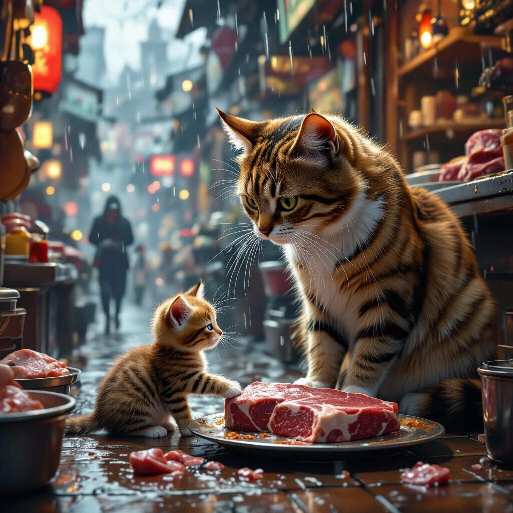 Mama Cat and Kitten at Butcher Shop in Detailed Matte Painti...