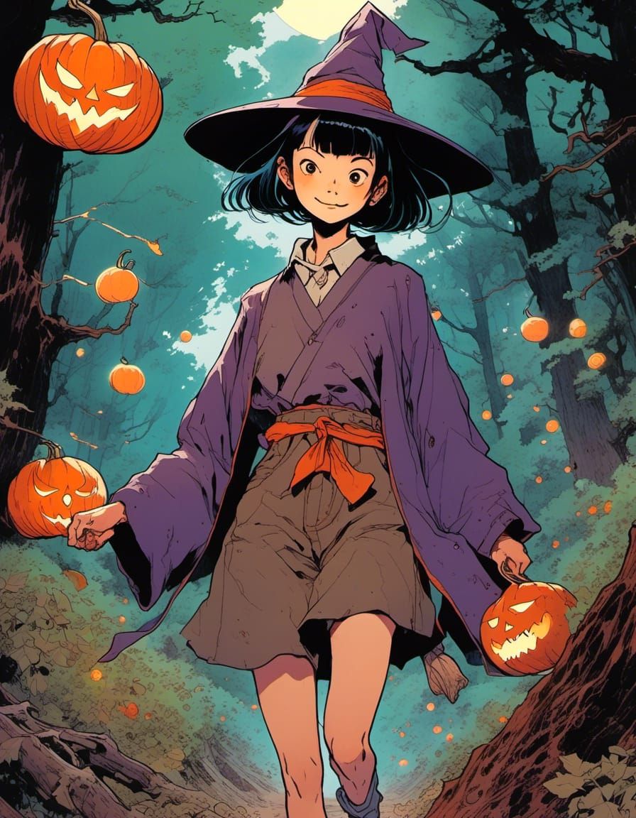 Anime Witch in Moonlit Forest by Miyazaki and Otomo
