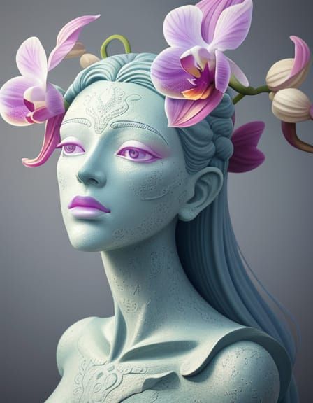 Giant Orchid Statue With Ethereal Human Face Sculpture