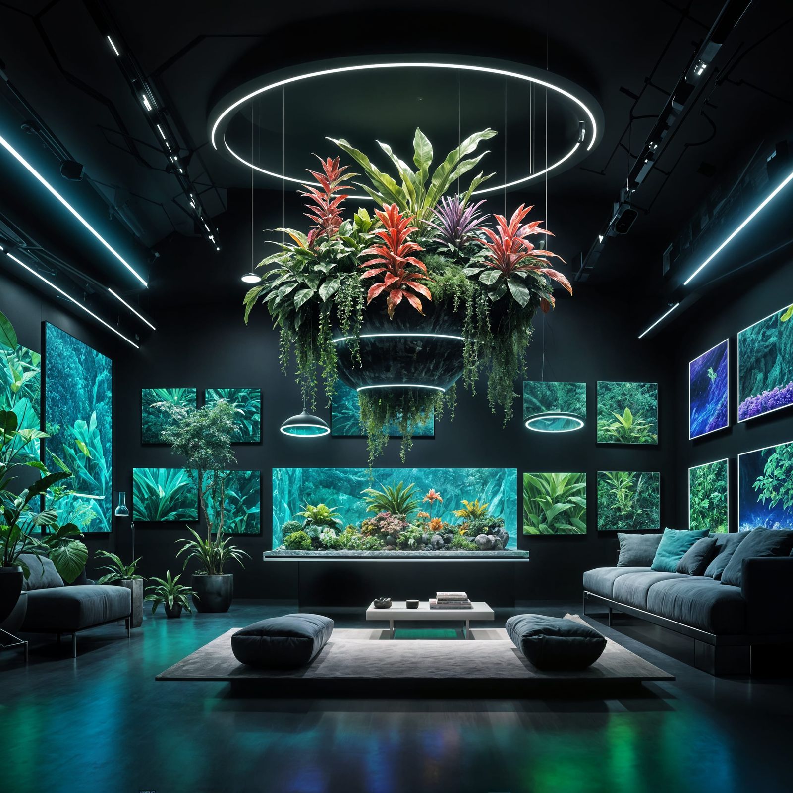 Sleek Futuristic Living Room with Holographic Displays