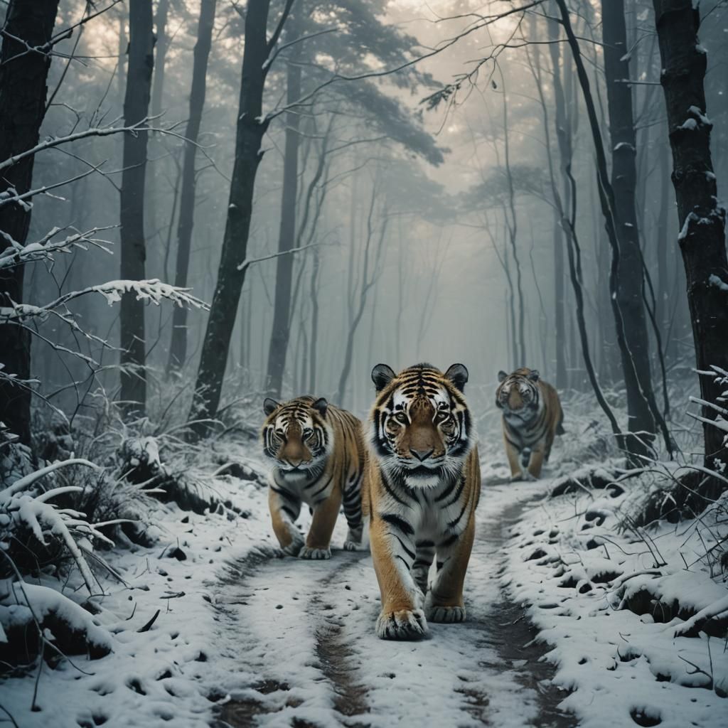 Snow Tigers in Misty Forest: Cinematic Film Still