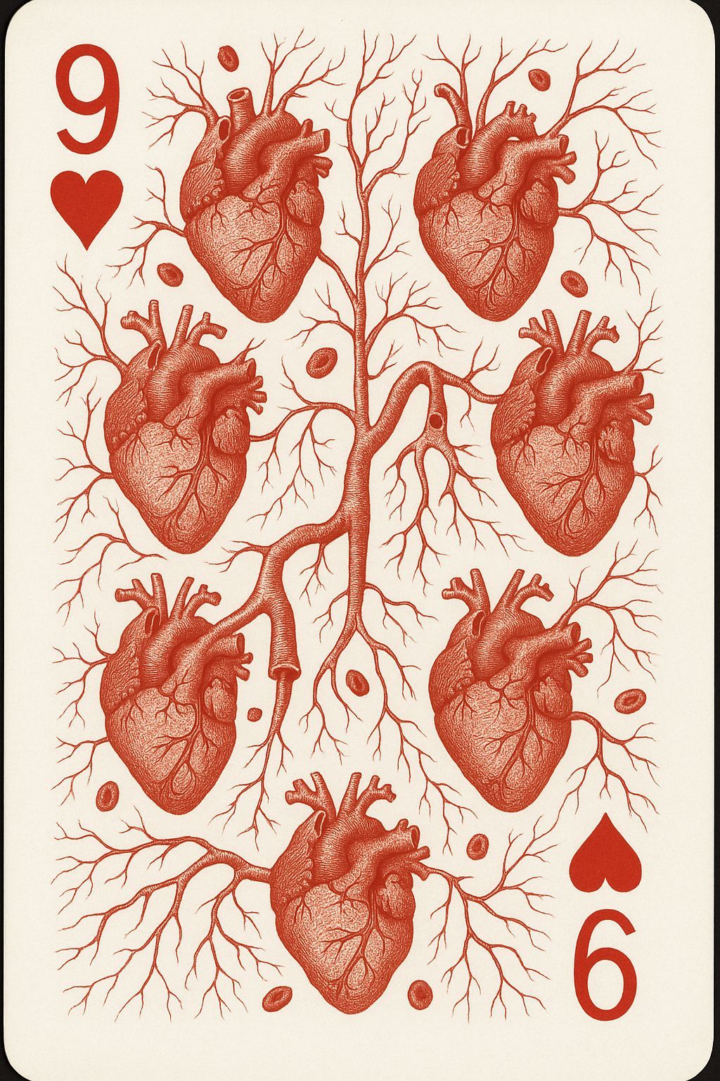9 of Hearts Card with Blood Veins and Hearts