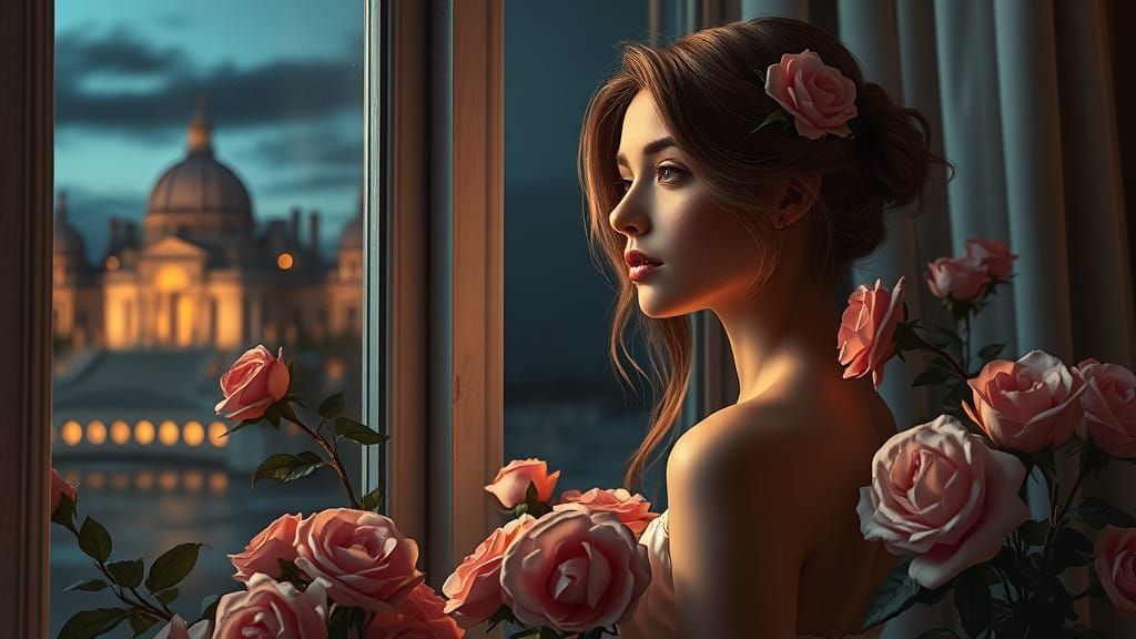 Woman in Ethereal Window Scene with Roses, in the Style of D...