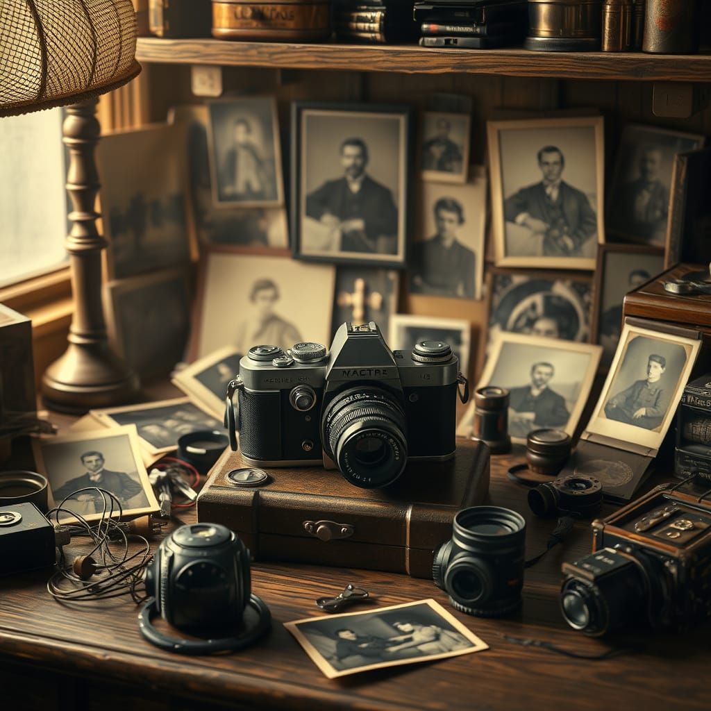 Vintage Camera Still Life in Matte Painting Style