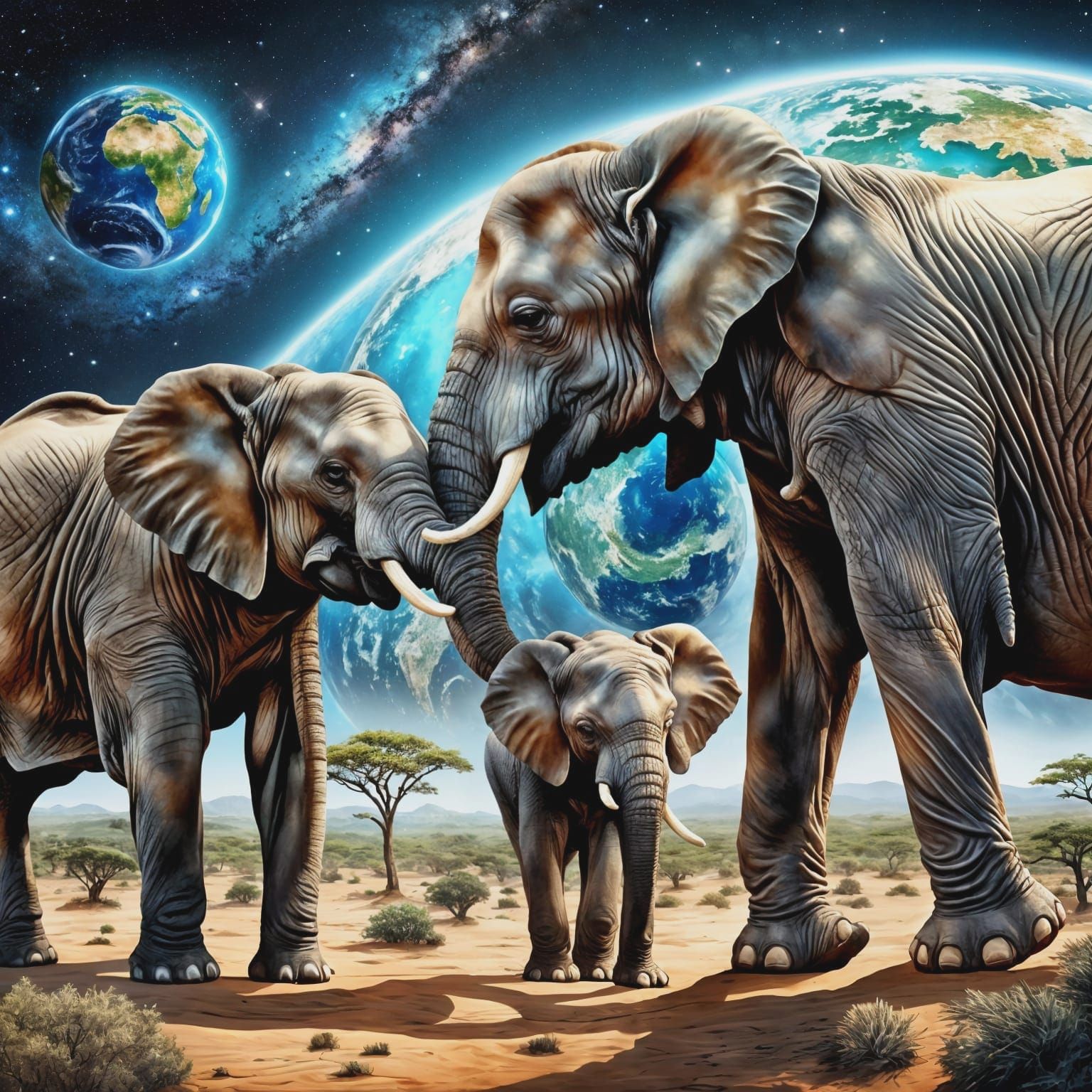 Loving Elephant Pair Near Earth and Milky Way