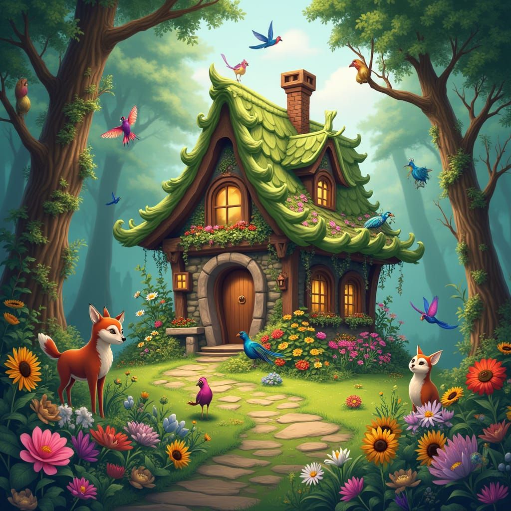 Enchanted Woodland Cottage in Whimsical Fantasy Style