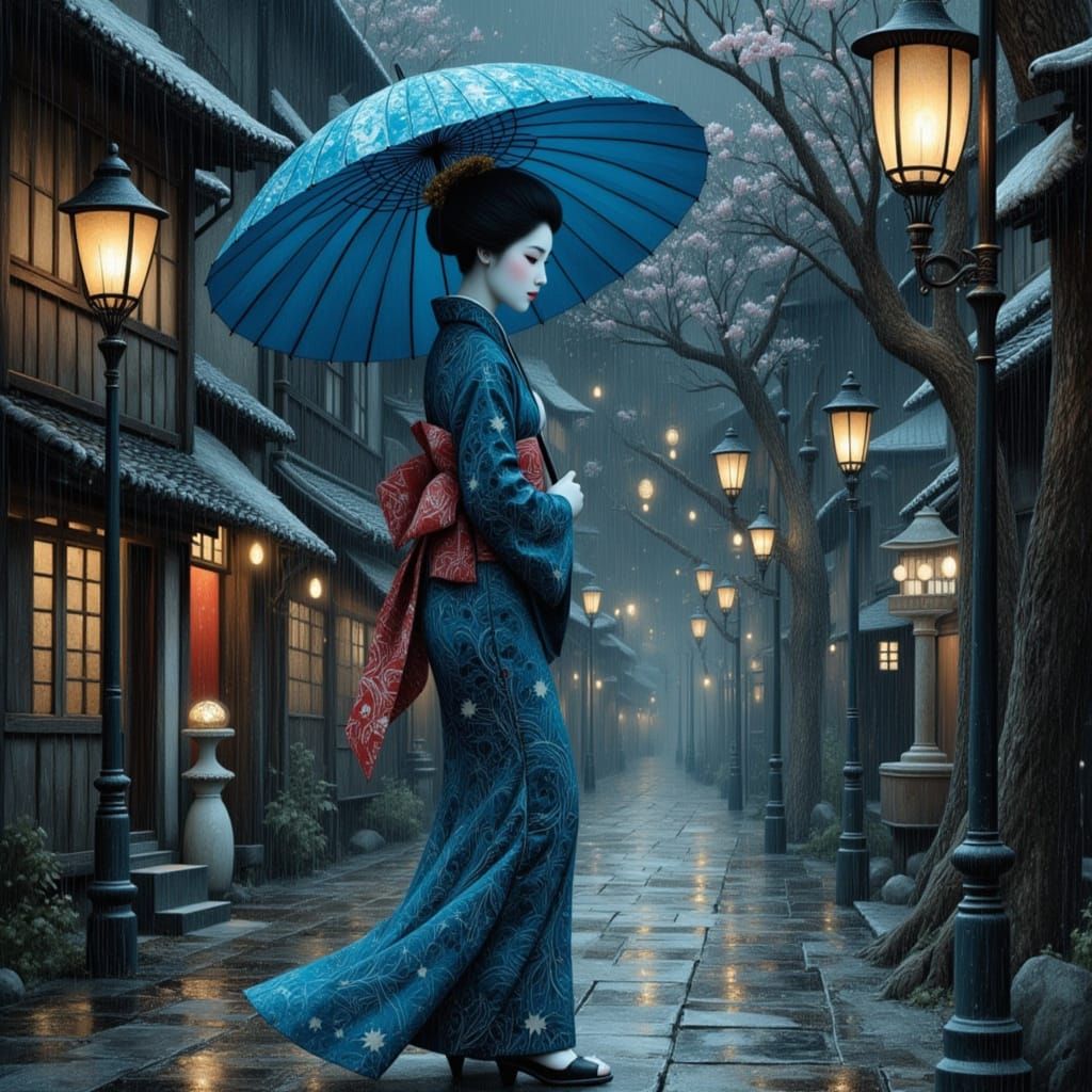 Geisha with Blue Umbrella on Rainy Edo Street