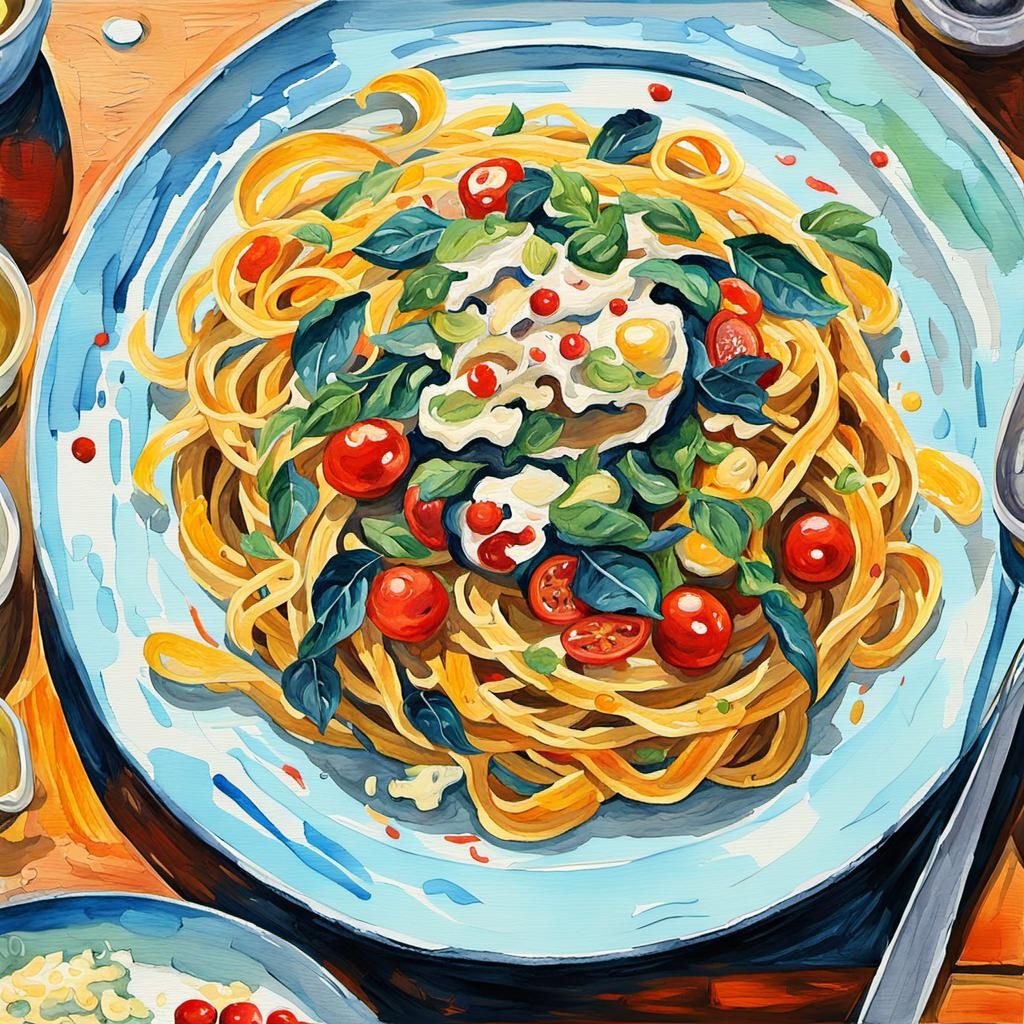 Pasta Dinner in Impressionist Gouache Watercolor Style