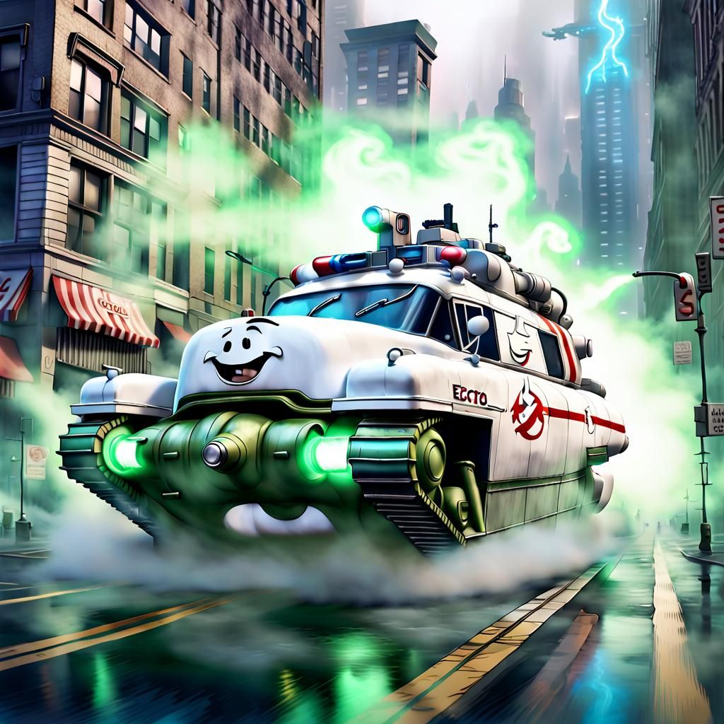 Ghostbusters Ecto-1 Tank Chasing Marshmallow Man