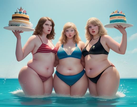 Hyperrealistic Image: Overweight Women Rolling in Cake