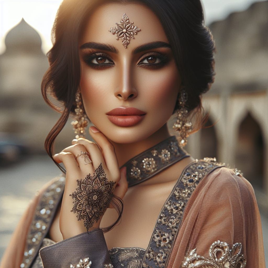 South Asian Woman in Traditional Attire with Mandala Tattoo