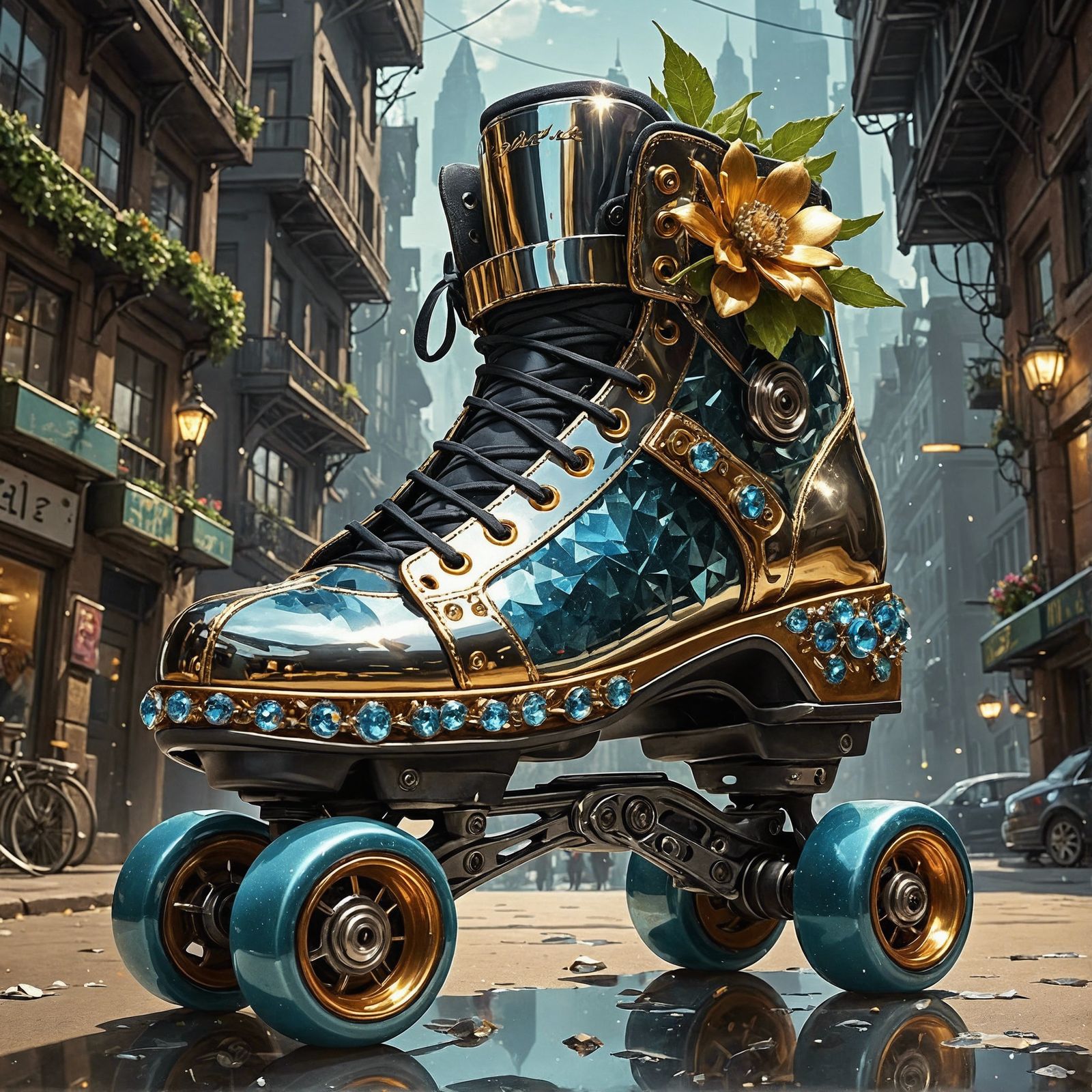 Crystallized Metallic Roller Skate in Surreal Style