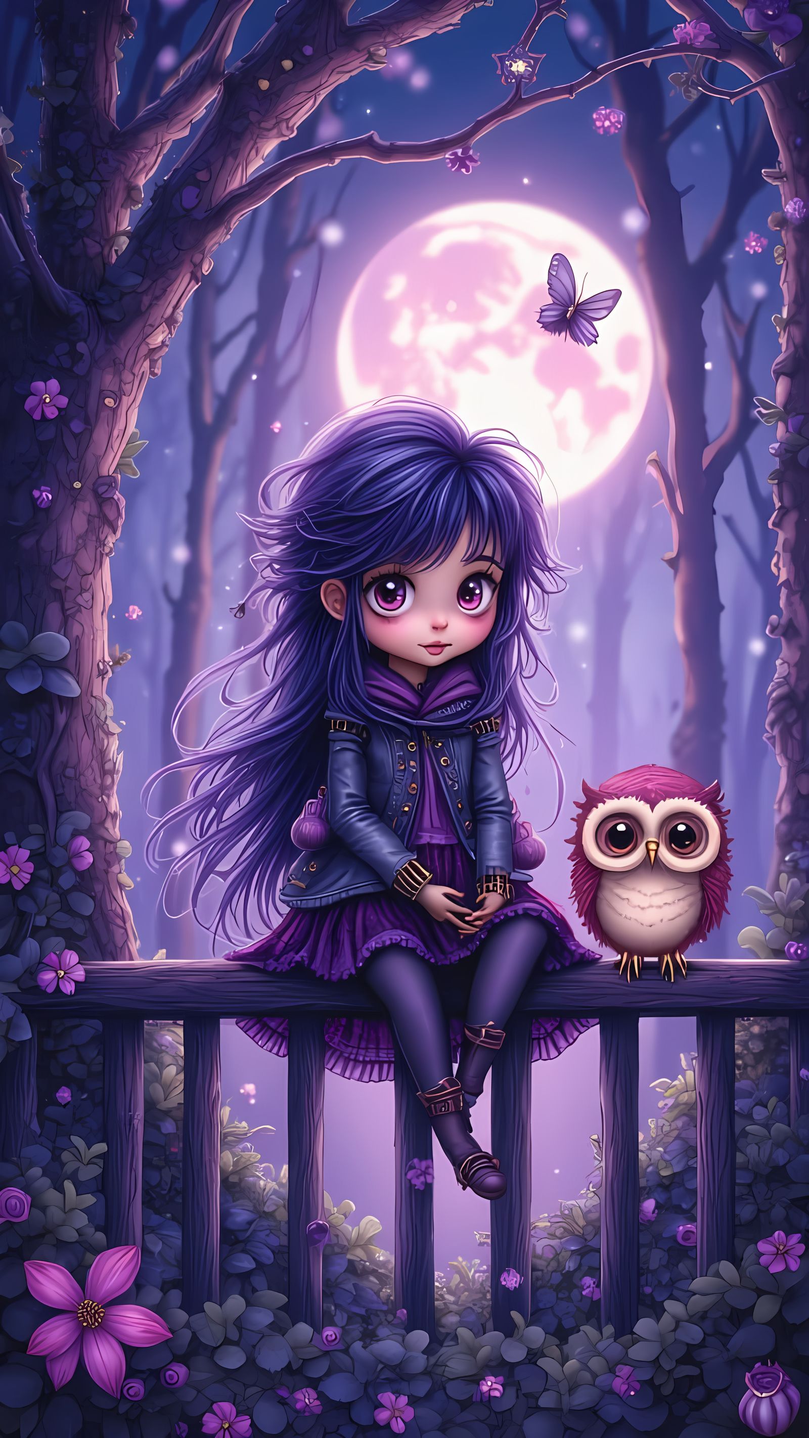 Gothic Girl and Fluffy Owl in Moonlit Forest