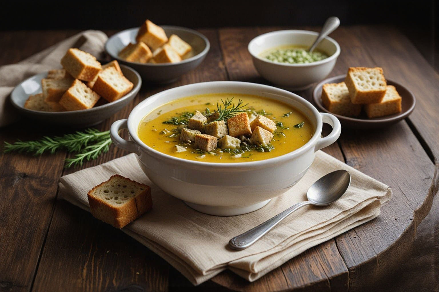 Steaming Yellow Soup in White Tureen on Wooden Table