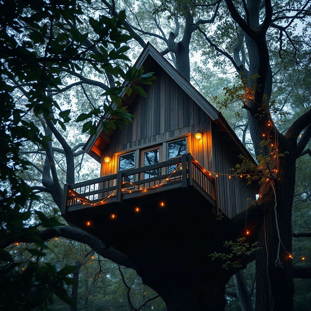 Rustic Treehouse Cabin in Golden Light