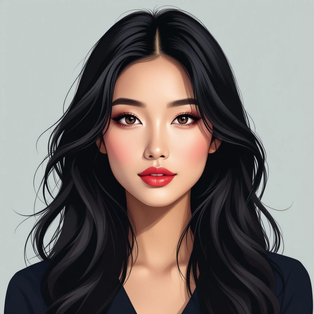 Asian Woman Portrait Painting with Flowing Hair and Captivat...