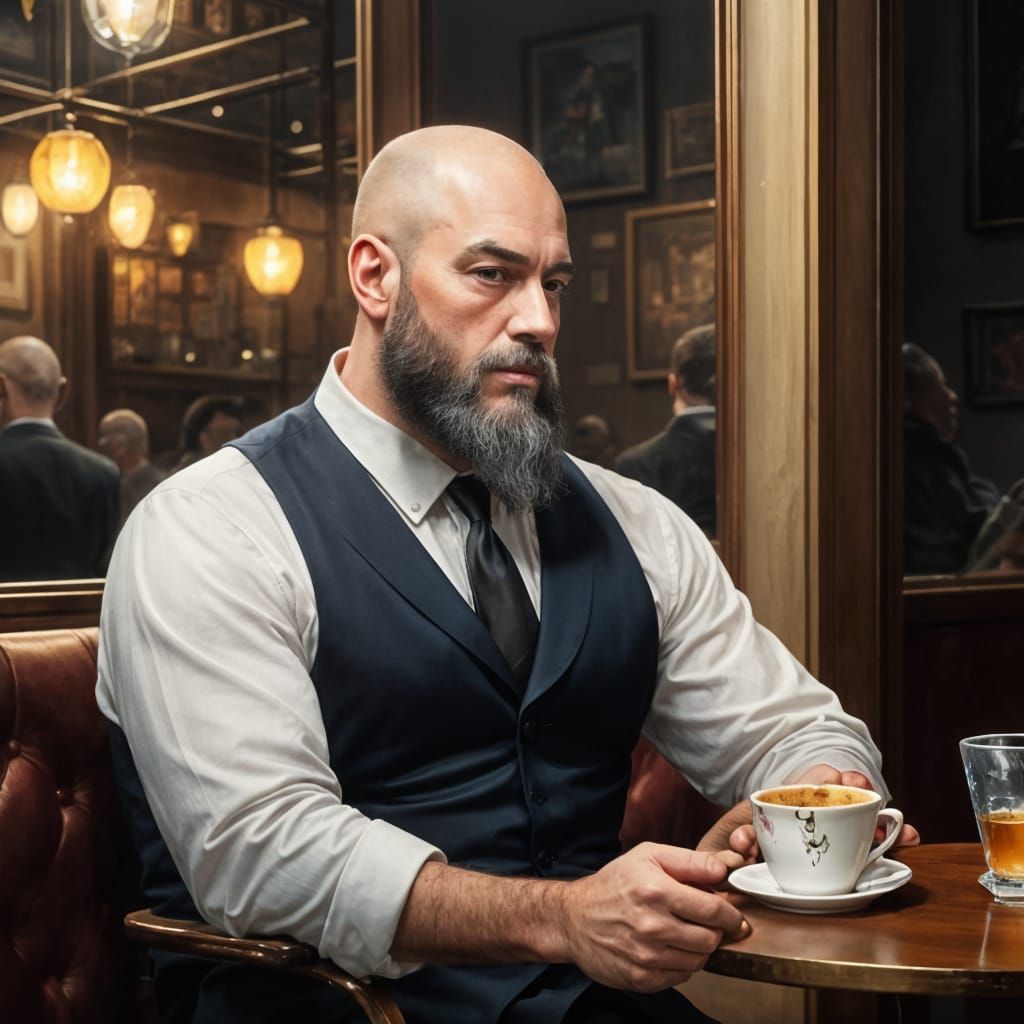 Bearded Man at Cafe: Gouache Impressionist Painting