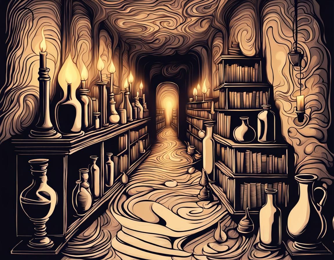 Spooky Candlelit Hallway with Potions and Books