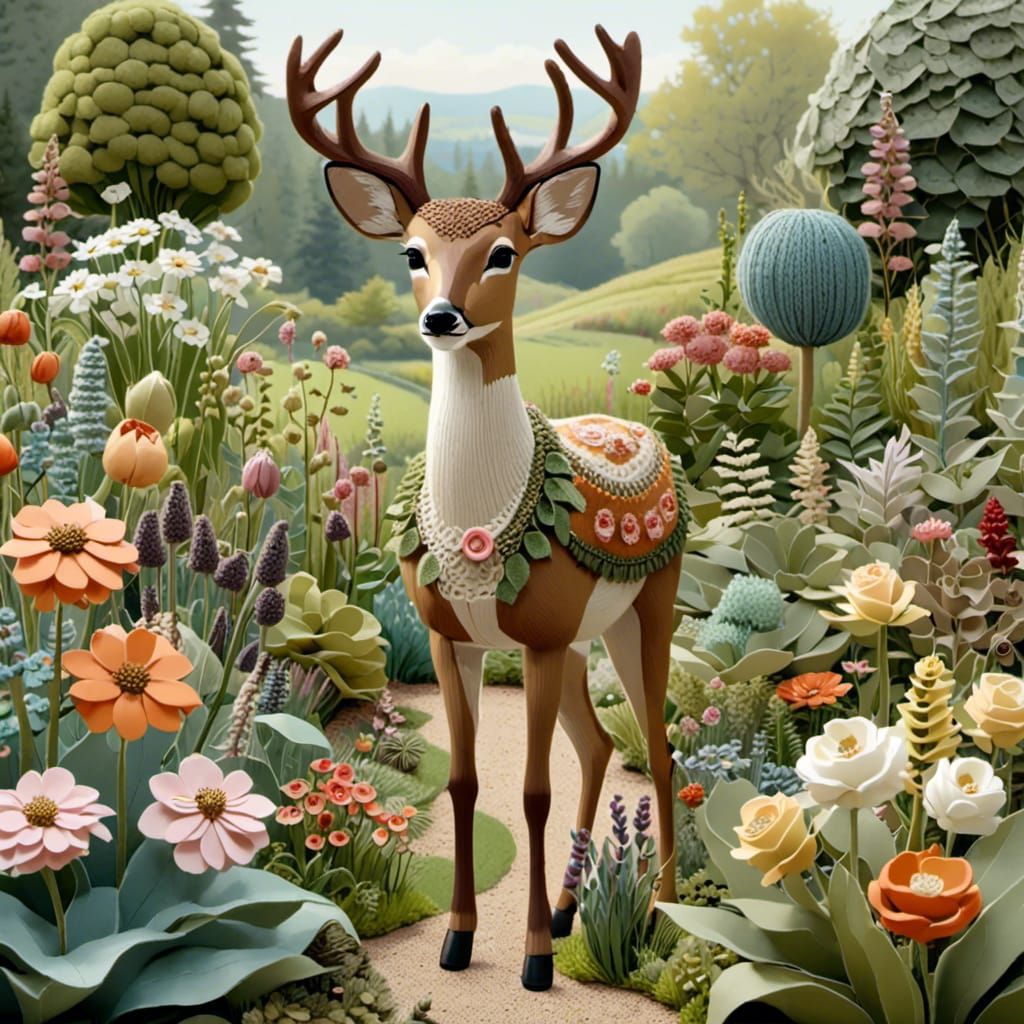 Deer in Flower Garden, Folk-Art Style