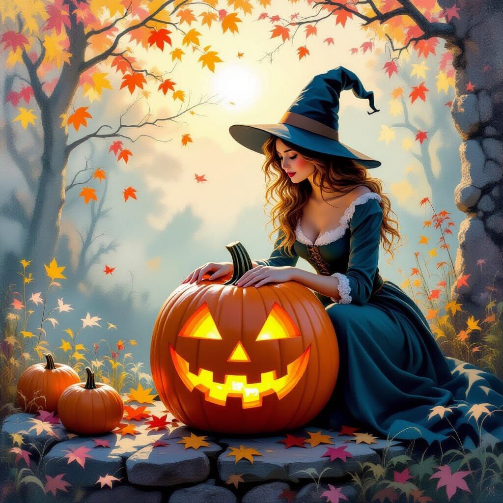 Witch Carving Pumpkin in Luminous Metamodern Style