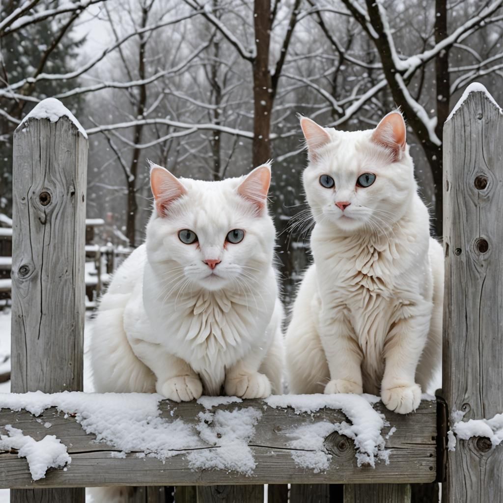 White Cats on Snow-Covered Fence