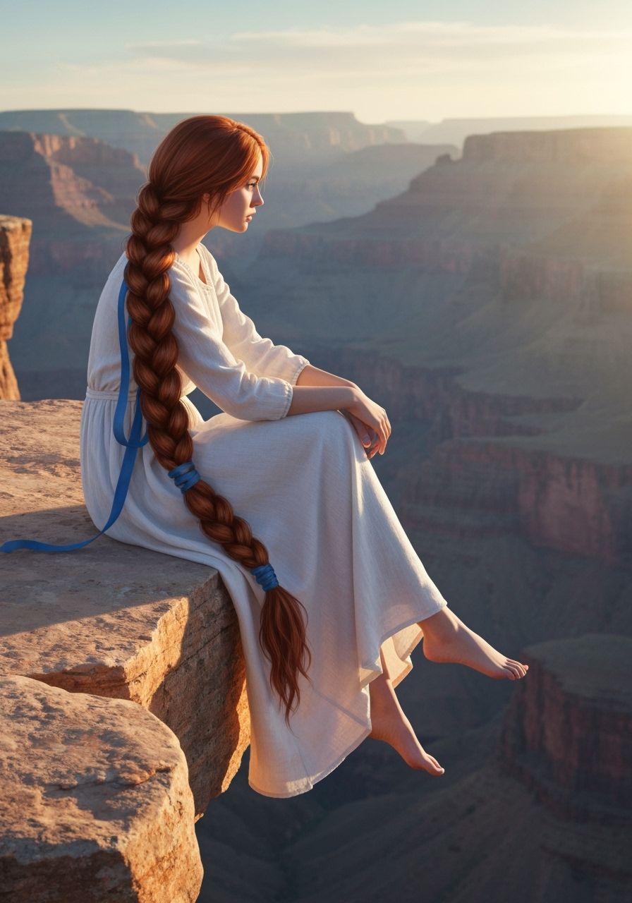 Auburn Haired Maiden at Dawn on Canyon Cliff
