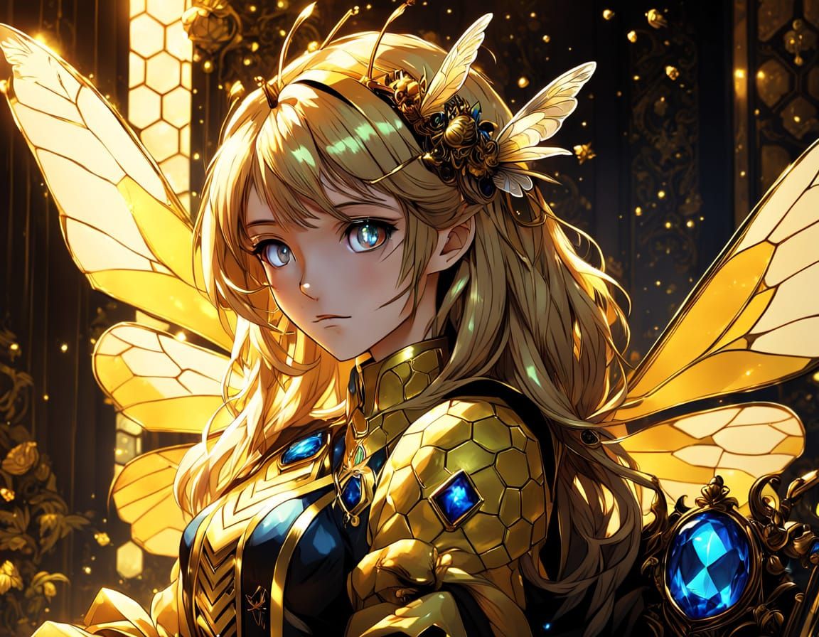 Humanoid Queen Bee Girl in Vibrant Anime Throne Room