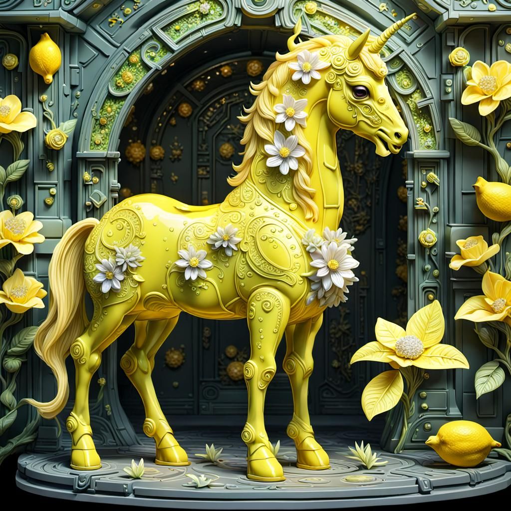 "cute adorable lemon color unicorn with sparly flowers in le...
