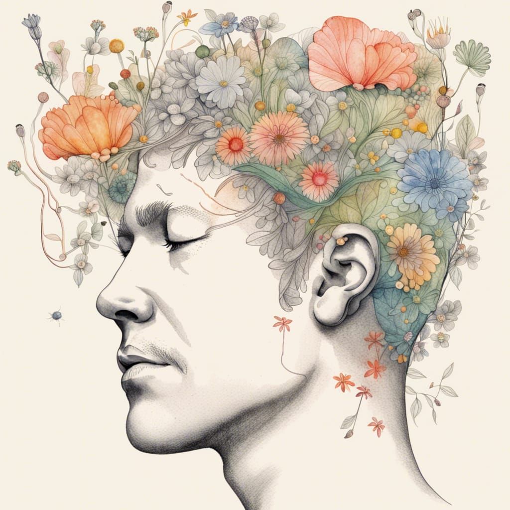 Line Drawing: Man with Watercolor Flowers