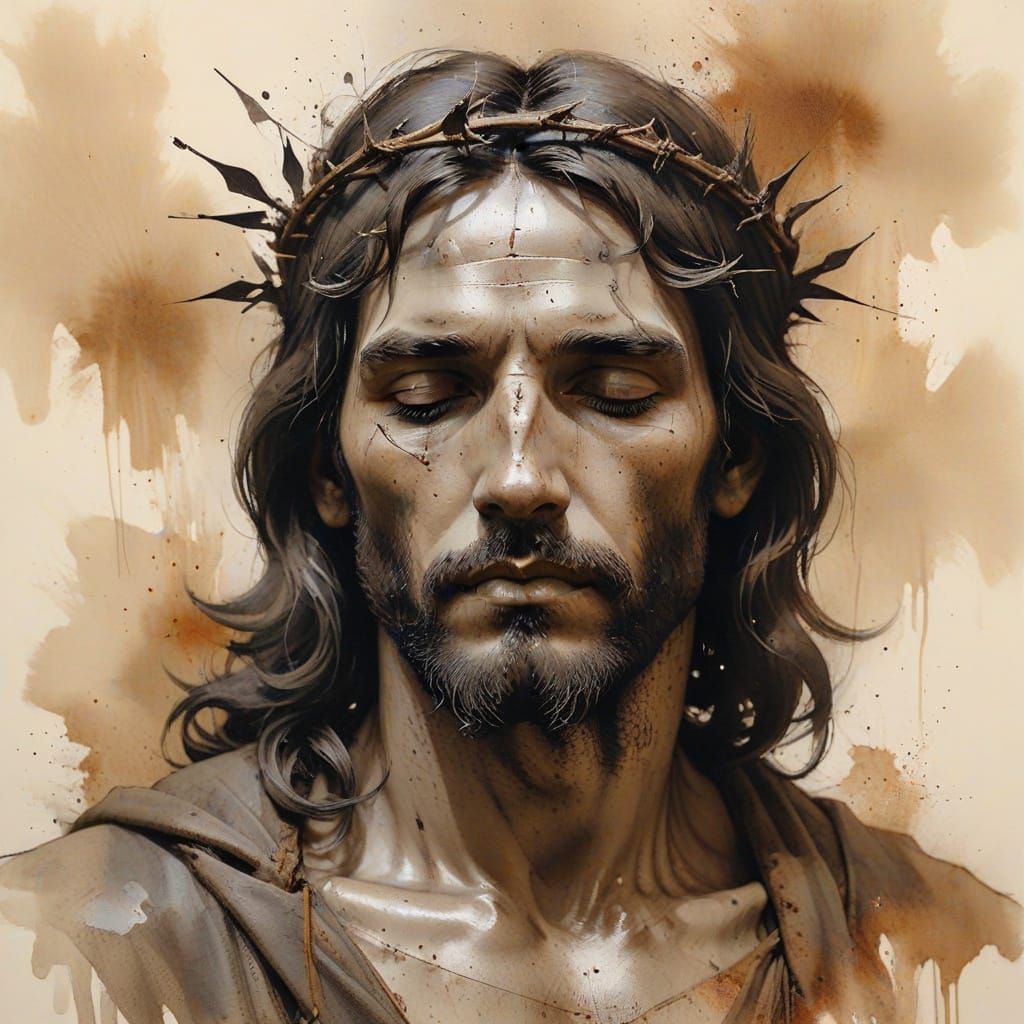 Charcoal Portrait of a Beaten King in Sepia