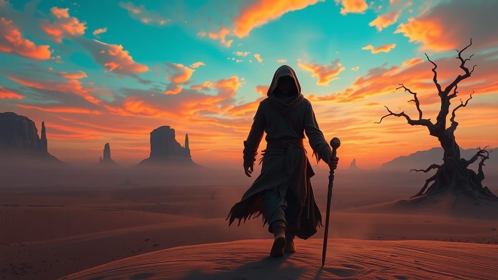 Desert Wanderer with Glowing Staff: Matte Painting