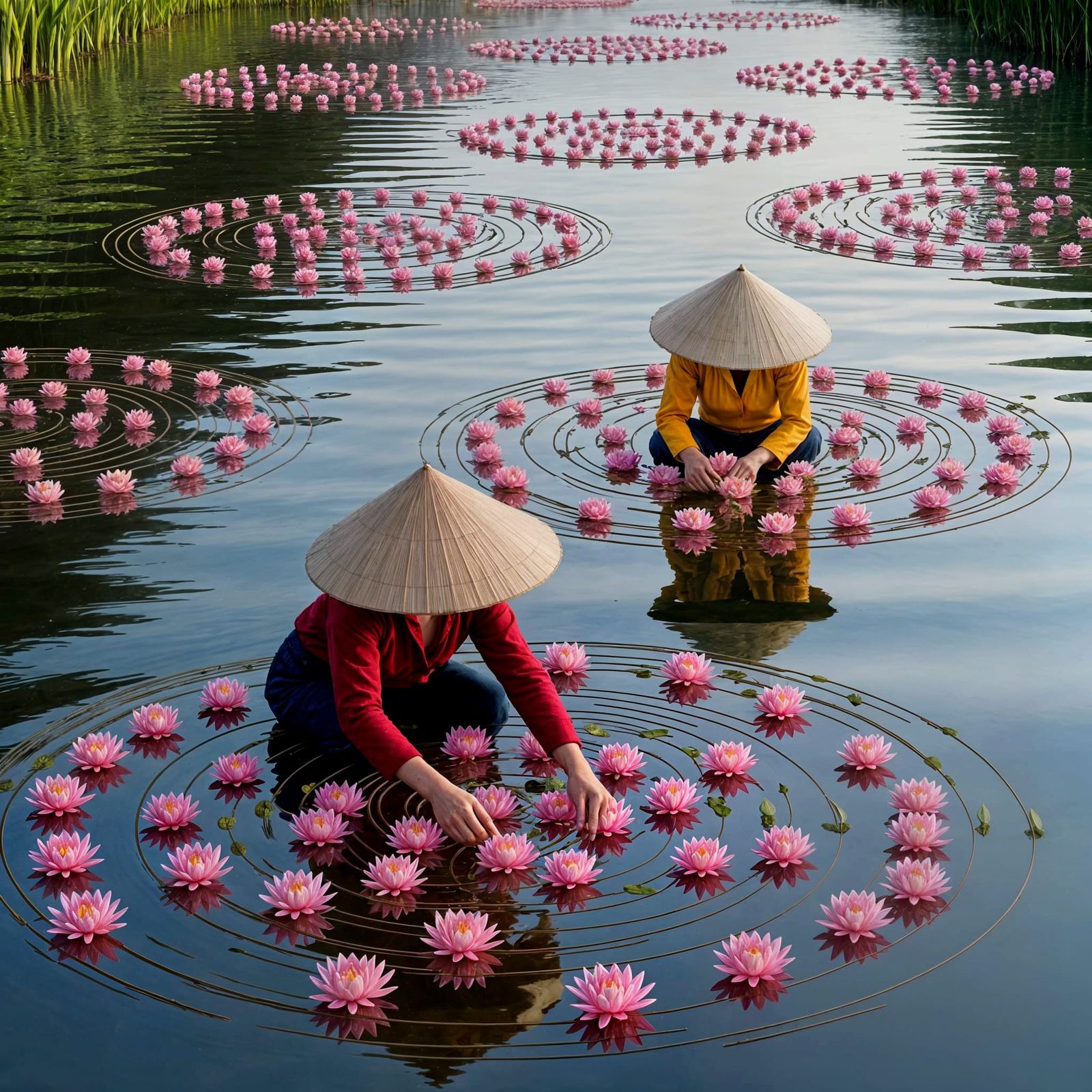 Vietnamese People Collect Water Lilies in Dreamy River Scene