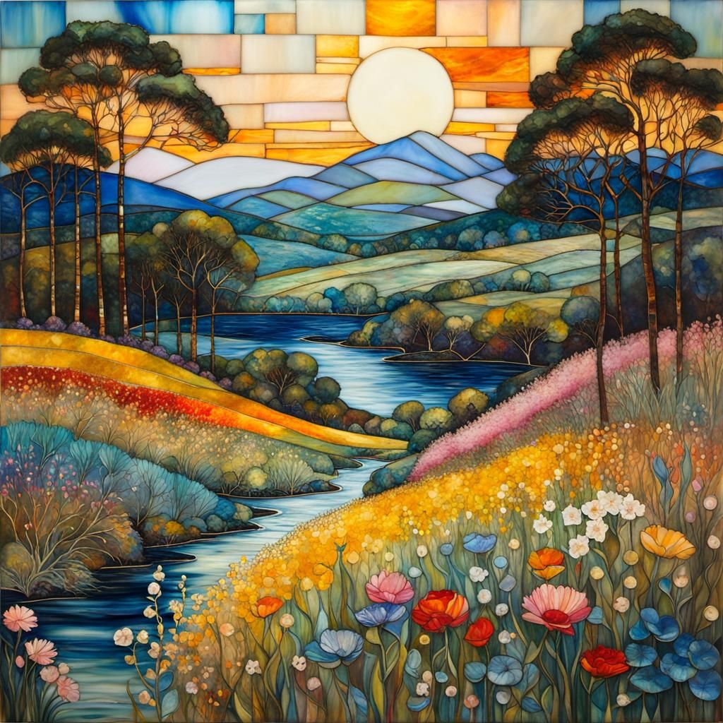 Encaustic Stained Glass Landscape in Art Nouveau Style