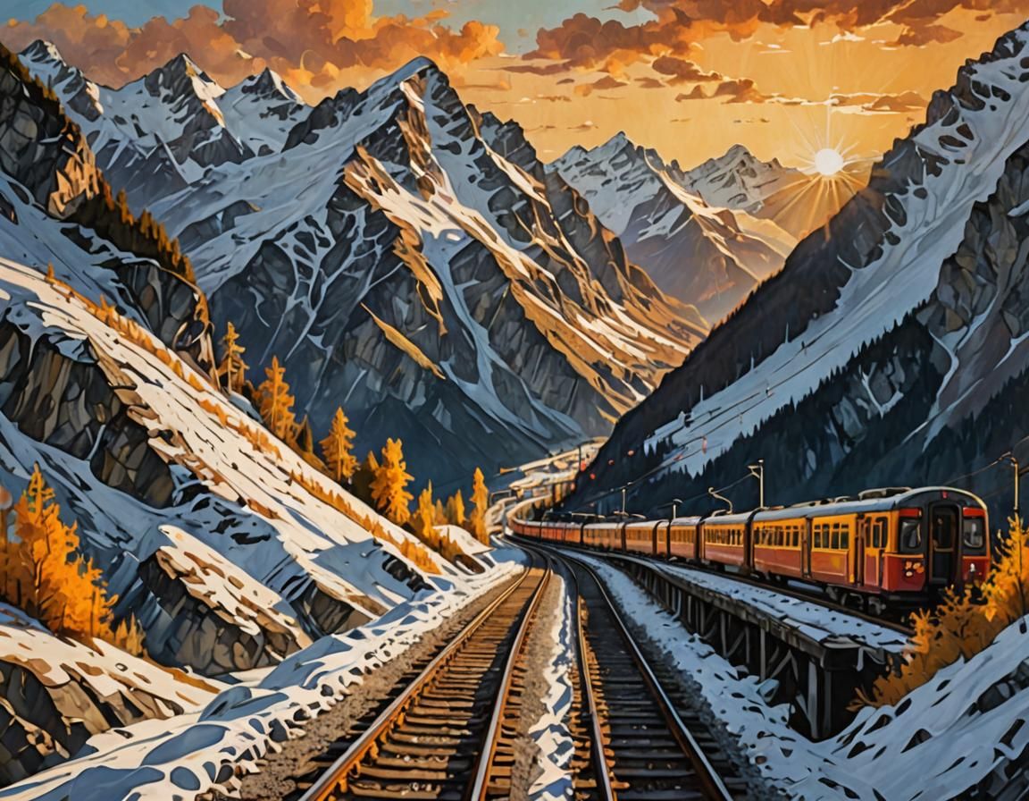 Swiss Mountain Railway Panorama at Breathtaking Sunset