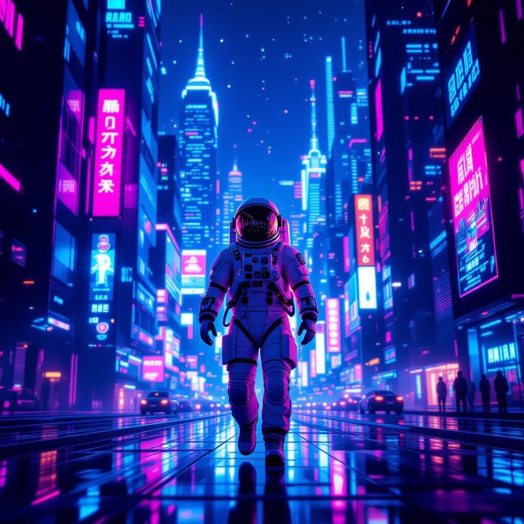 Astronaut in Neon Futuristic City at Night