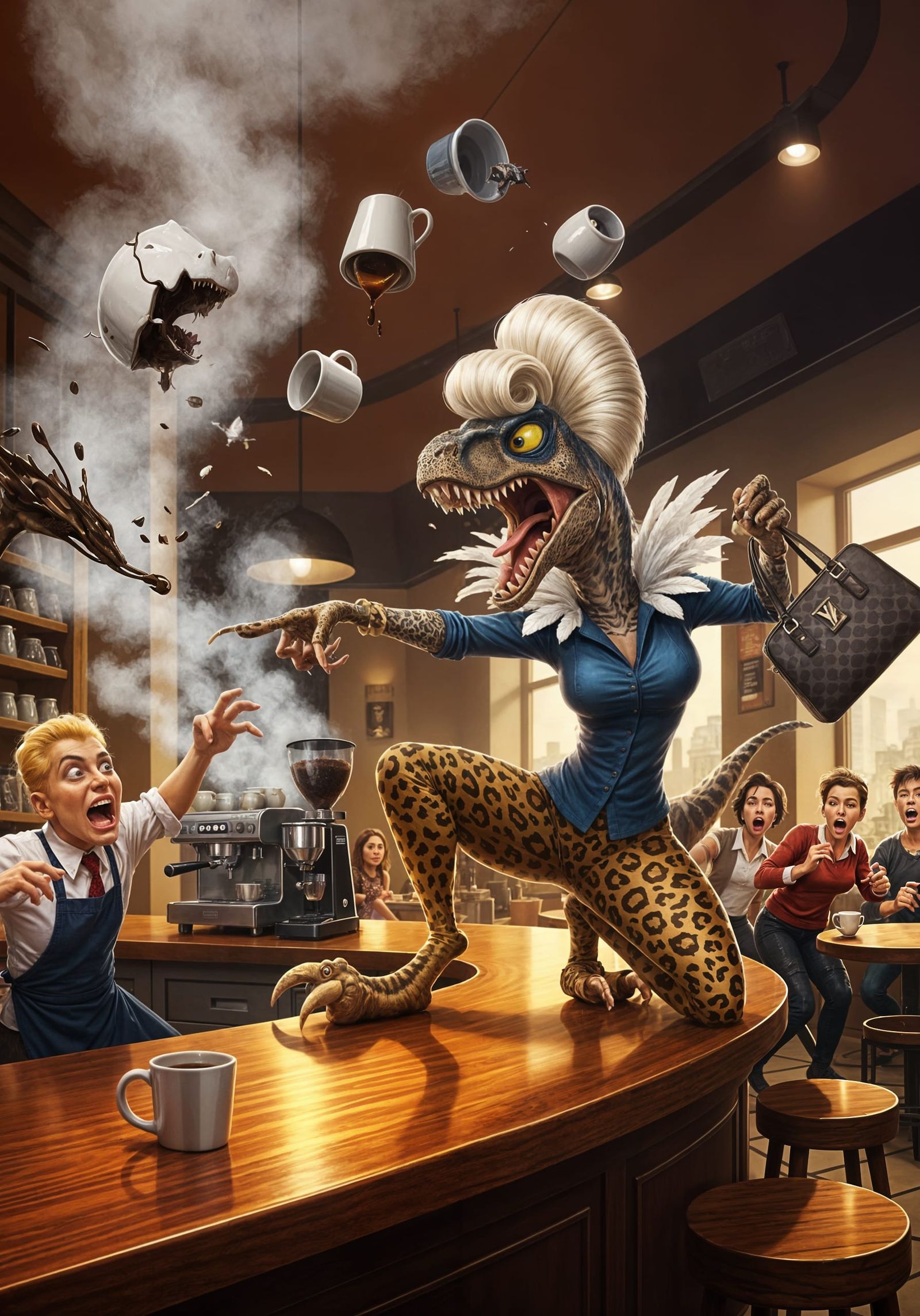 Anthropomorphic Raptor Karen Rages in Coffee Shop