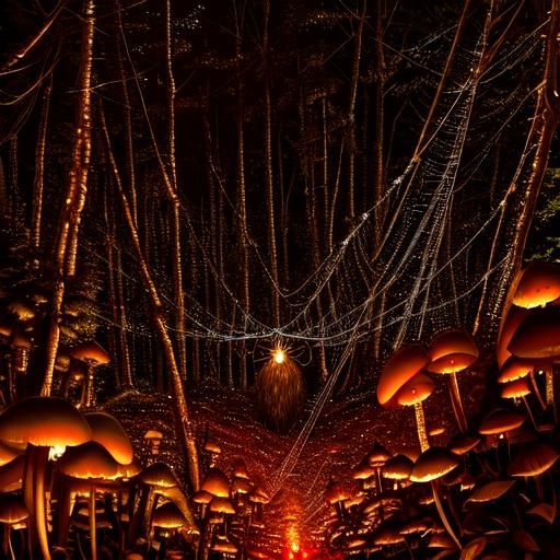 Steampunk Spiderweb in Dark Woods at Sunrise