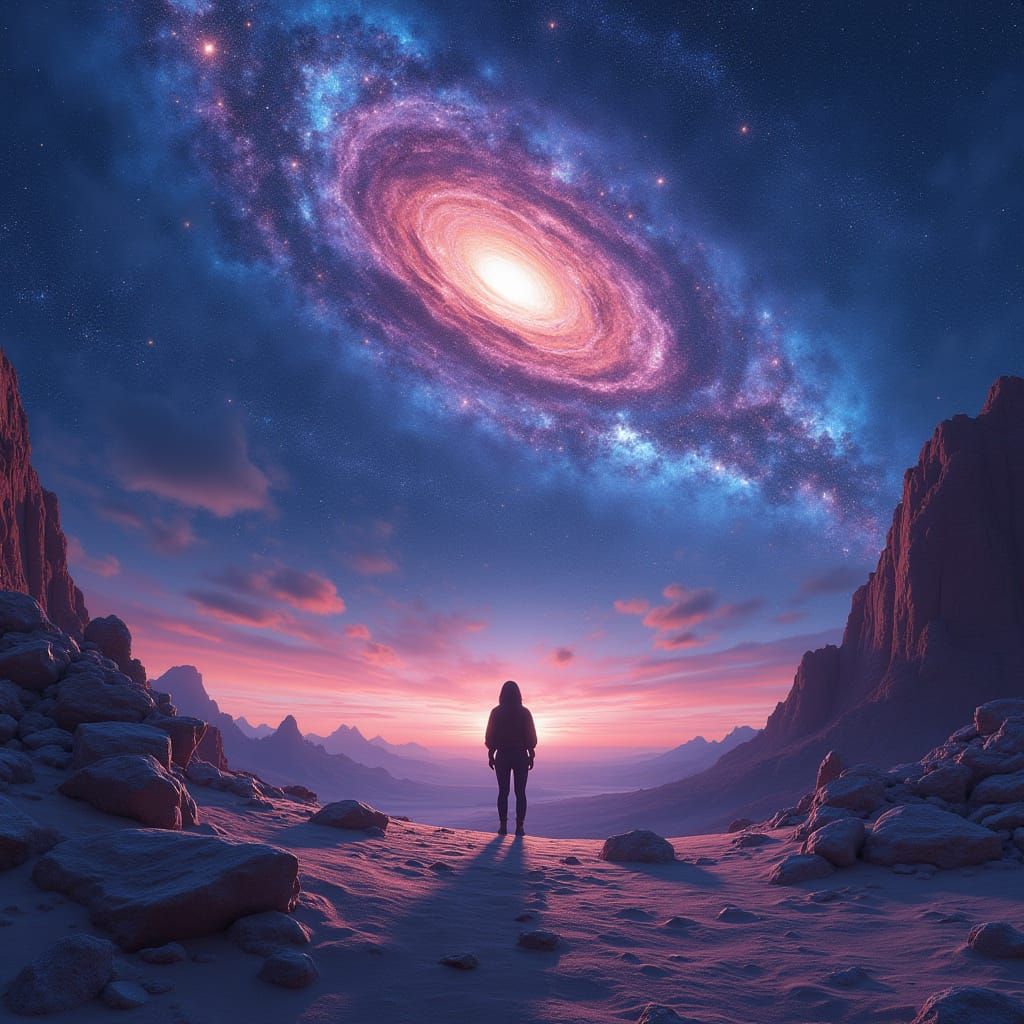 Starlit Desert Landscape in Cosmic Art Nouveau Style