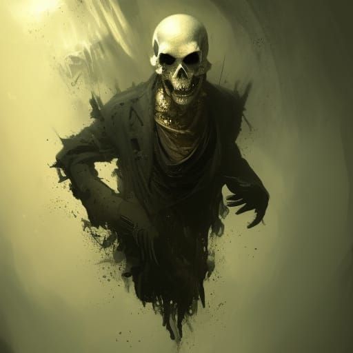 Terrible ghost floating in the attic, skull face, clawed hands, horrifying