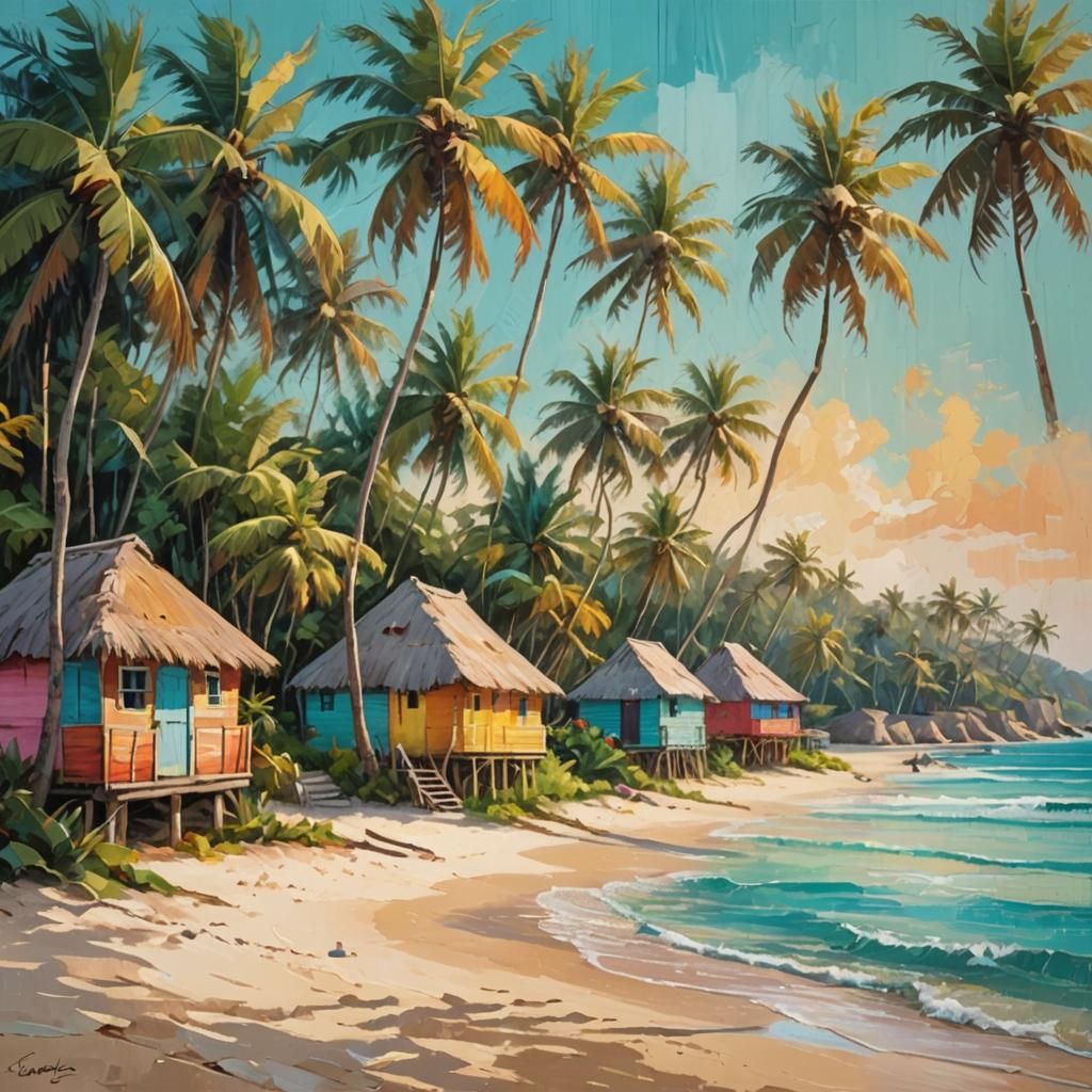 Colorful Caribbean Island Village Painting