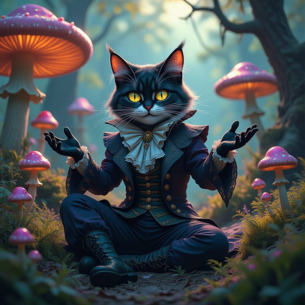 Mystical Cheshire Cat in Mushroom Forest