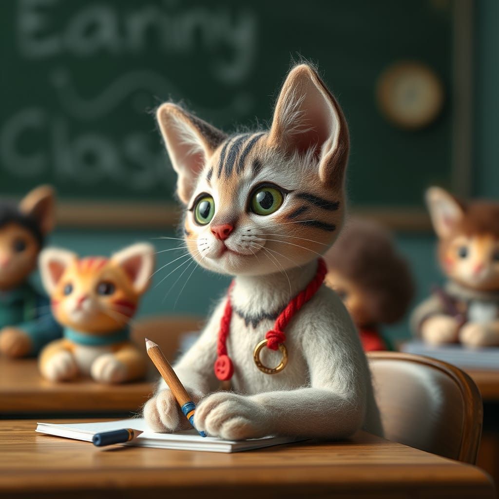 Detailed Felted Kitten Attending School