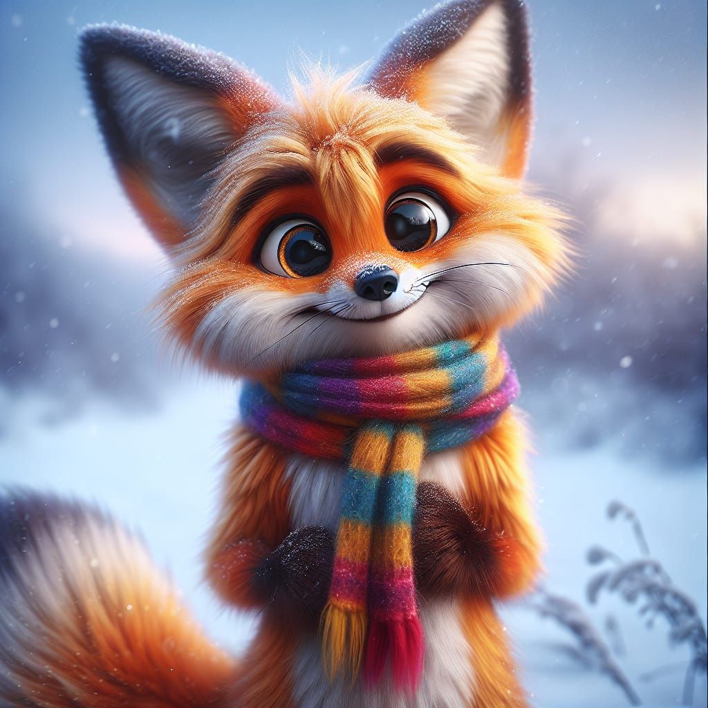 Vibrant Winter Fox with Joyful Expression and Colorful Scarf