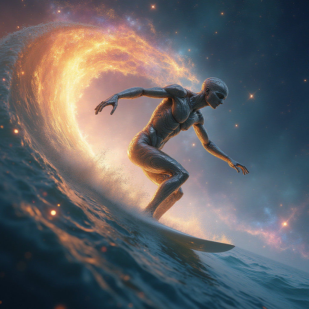 Cosmic Being Surfing Energy Wave in Nebula