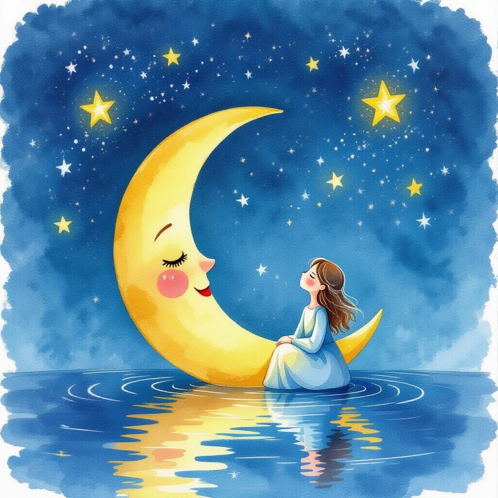 Moon Humming to Stars in Watercolor Style