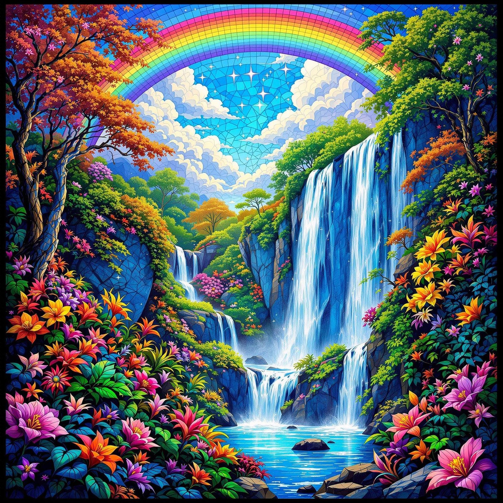 Dreamy Stained Glass Landscape with Rainbow and Waterfall