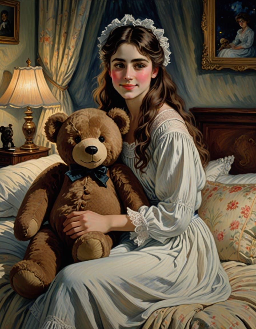 A Young Victorian Woman with a Teddy Bear, in a Dreamy Impre...