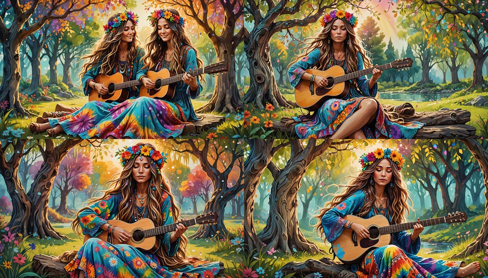 Hippie Girl Playing Guitar in Anime Style