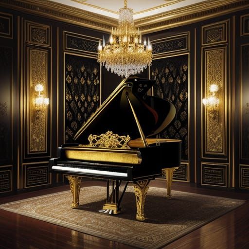 Luxurious Antique Oak Piano with Gold Accents in Opulent Roo...