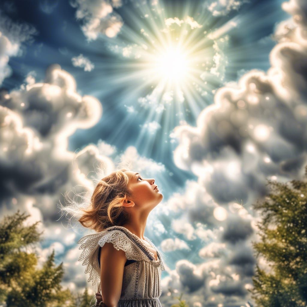 Tiny Fairy Gazing at Summer Sky in Watercolor